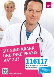 Plakat mit der Nummer des ärztlichen Bereitschaftsdienstes: 116 117.