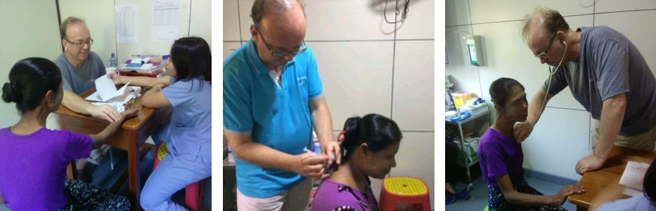 Collage. Arzt behandelt Patienten in Myanmar